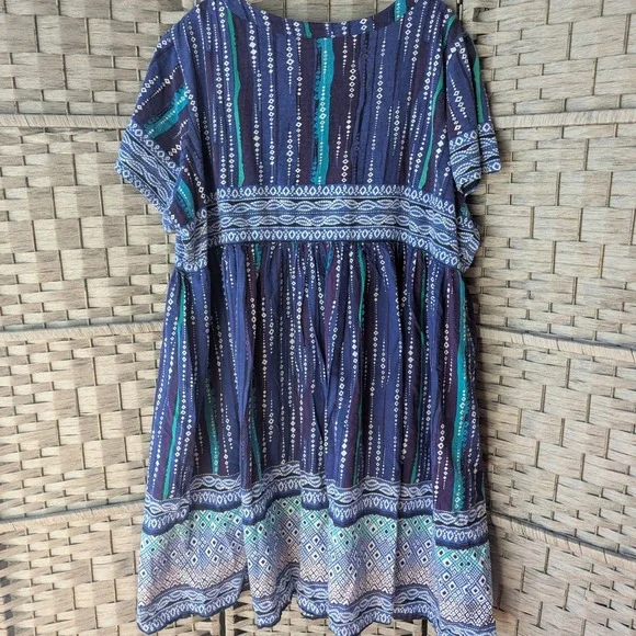Blue White Print Cotton Empire Waist Babydoll Dress Sz 2X 26/28 Resortwear Boho - Picture 2 of 8
